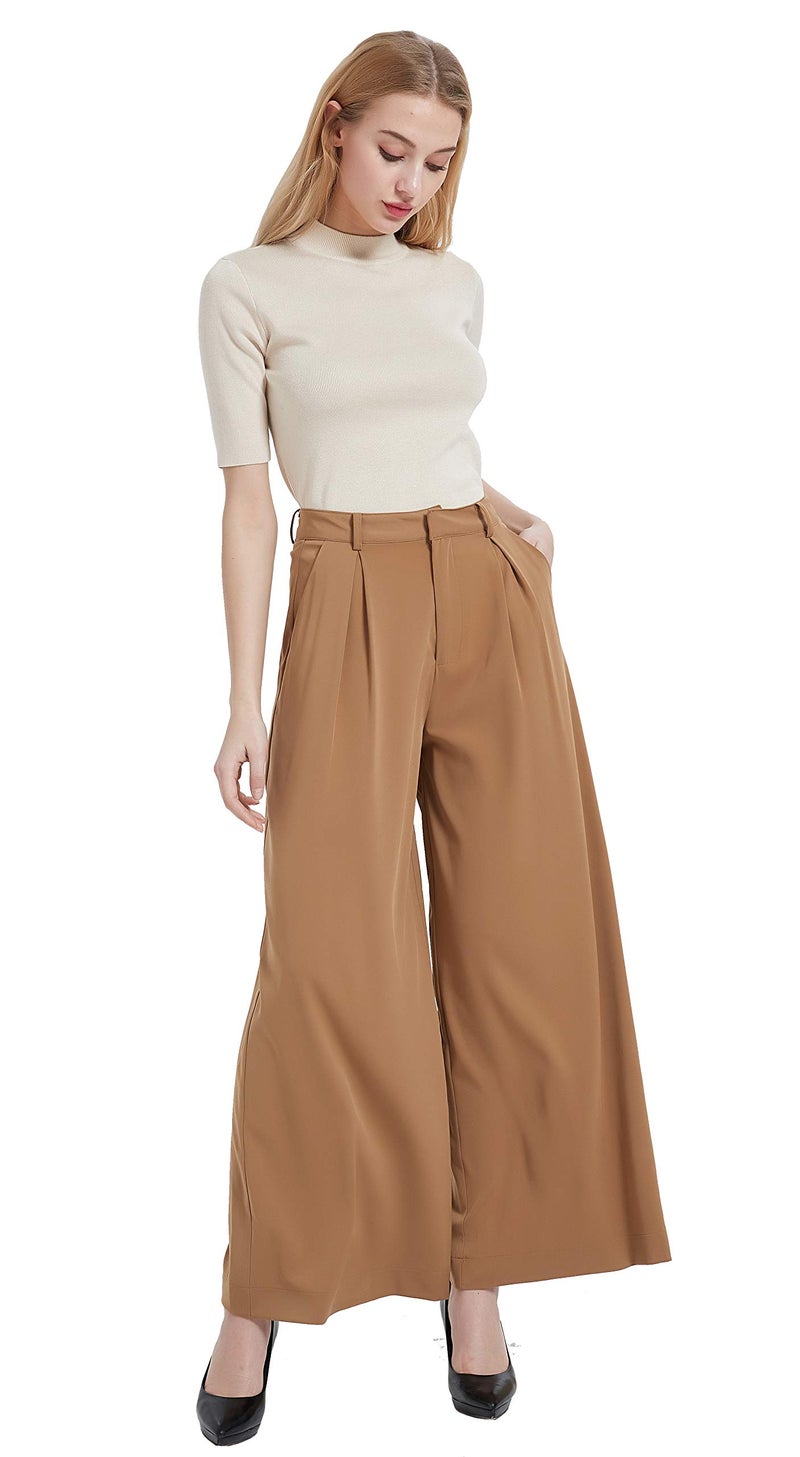Tronjori Women High Waist Casual Wide Leg Long Palazzo Pants Trousers Regular Size(XS,Camel) - Image 3